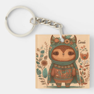 Cute boho floral owl key ring