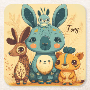 Cute boho floral rabbit  square paper coaster