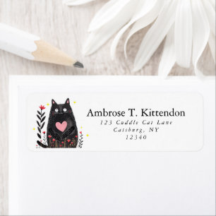 Cute Boho Floral Watercolor Black Cat Art Return Address Label
