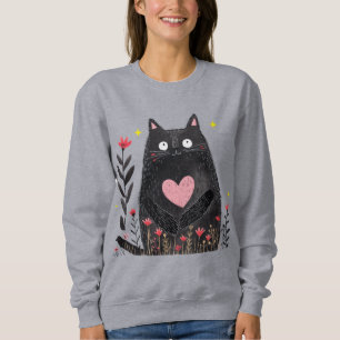Cute Boho Floral Watercolor Black Cat Girlie Sweatshirt