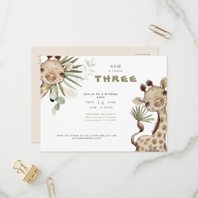 Cute Boho Giraffe Neutral Pampas Birthday Party  Invitation Postcard (Front/Back In Situ)