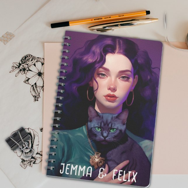Cute Boho Girl, Purple-hair, Black Cat, Monogram Notebook (Creator Uploaded)