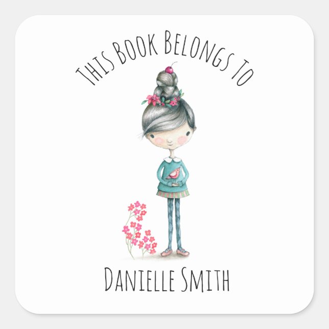 Cute Boho Girl With Bird Bookplate Square Sticker (Front)