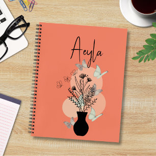 Cute Boho Line Art Flowers and Butterflies Salmon Notebook