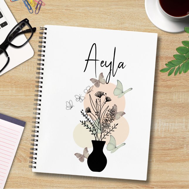 Cute Boho Line Art Flowers and Butterflies White Notebook (Creator Uploaded)