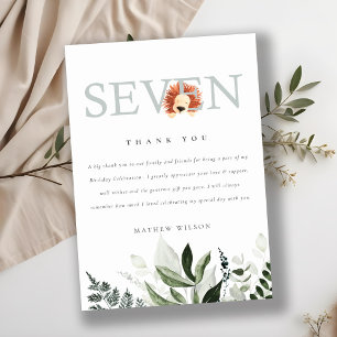 Cute Boho Lion Foliage 7th Seventh Birthday Thank You Card