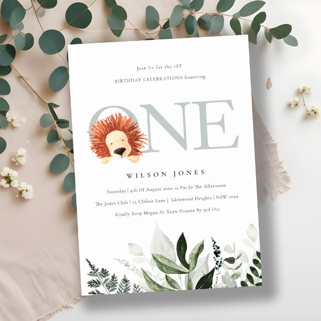 Cute Boho Lion Foliage First Birthday Party Invite (Creator Uploaded)