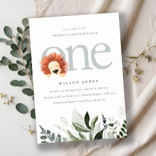 Cute Boho Lion Foliage First Birthday Party Invite