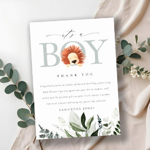 Cute Boho Lion Foliage It's a Boy Baby Shower Thank You Card