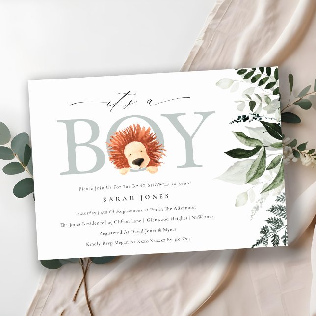 Cute Boho Lion Foliage It's Boy Baby Shower Invite (Creator Uploaded)
