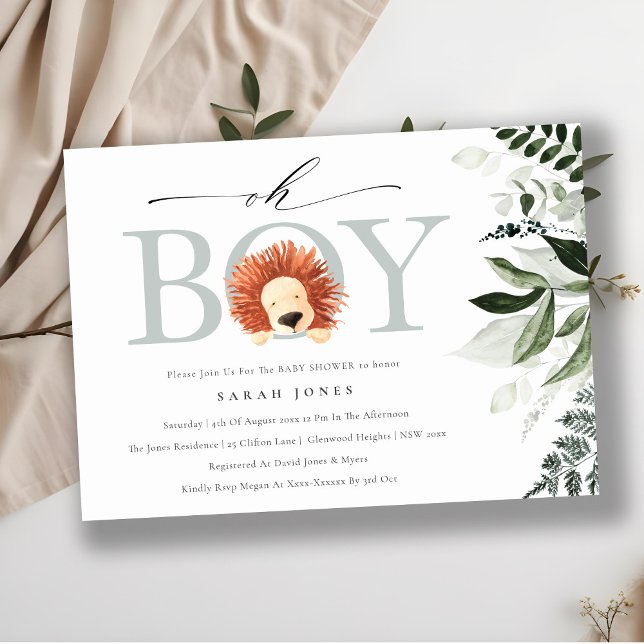 Cute Boho Lion Foliage Oh Boy Baby Shower Invite (Creator Uploaded)
