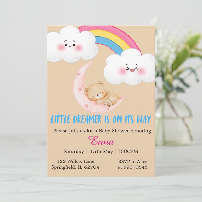 Cute Boho Little Dreamer Baby Shower Invitation  (Standing Front)