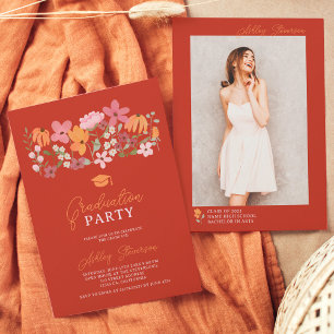 Cute boho meadow orange wildflower graduation invitation