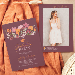 Cute boho meadow orange wildflower graduation invitation