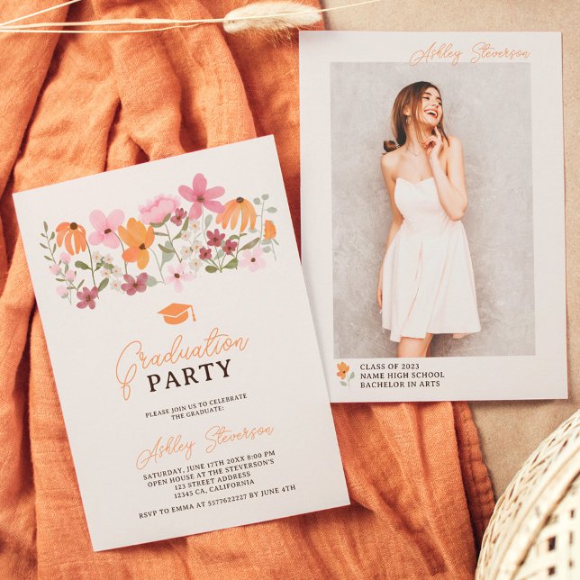 Cute boho meadow orange wildflower graduation invitation (Creator Uploaded)