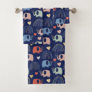 Cute Boho Navy Blue Elephant Pattern Bath Towel Set