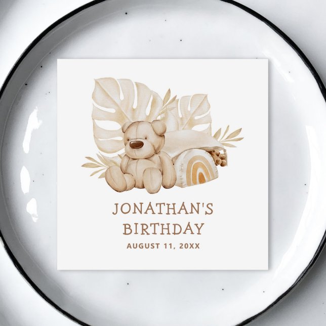 Cute Boho Neutral Teddy Bear. Kids Birthday Party  Napkin (Creator Uploaded)
