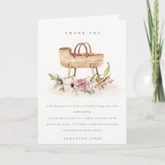 Cute Boho Nursery Pink Floral Bassinet Baby Shower Thank You Card (Front)