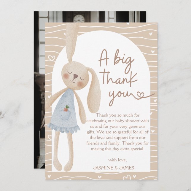 Cute Boho Oh Baby Bunny Hearts Baby Shower  Thank You Card (Front/Back)