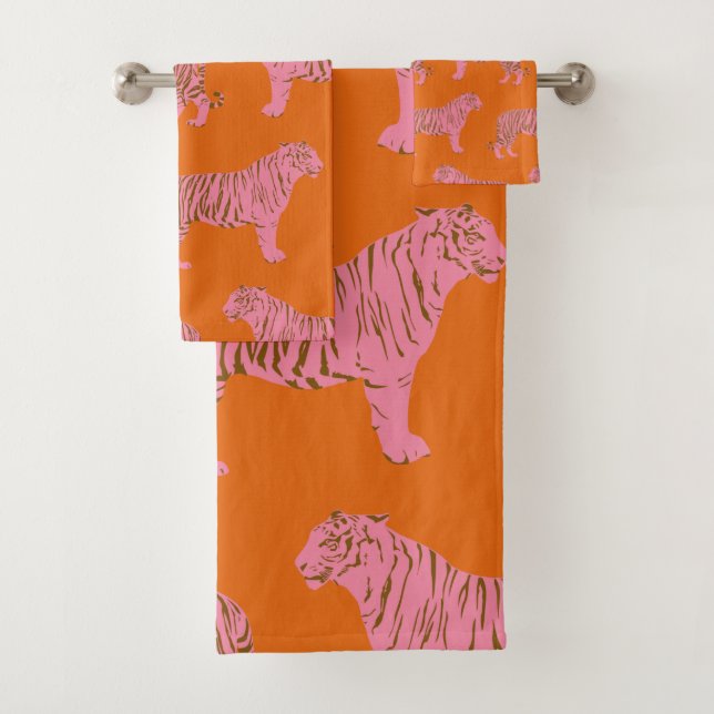 Cute Boho Orange and Pink Tiger Art Pattern Bath Towel Set (Insitu)