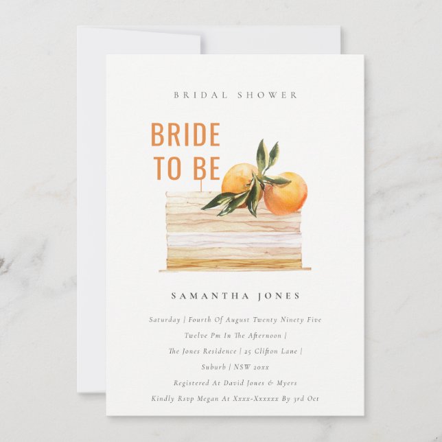 Cute Boho Orange Fruit Cake Bridal Shower Invite (Front)