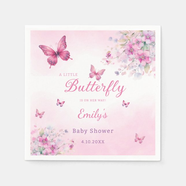 Cute Boho Pink Butterfly Floral Girl baby Shower Napkin (Front)