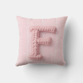 Cute boho pink crocheted letter F Round Pillow
