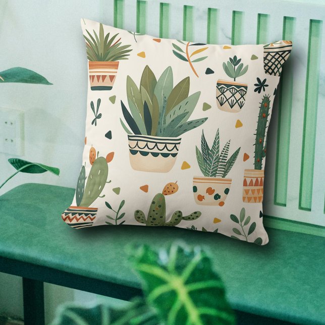 Cute Boho Potted Plants Pattern Outdoor Cushion (Creator Uploaded)