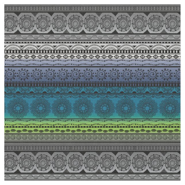 Cute Boho Print Fabric Blue Green Gradient (Close Up)