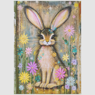 Cute Boho Rabbit and Spring Flowers, Folk Art FX8L Tissue Paper