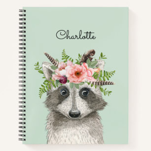 Cute Boho Racoon with Floral and Feathers Crown Notebook