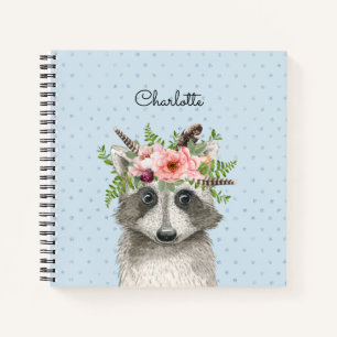 Cute Boho Racoon with Floral and Feathers Crown Notebook