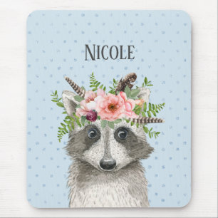 Cute Boho Racoon with Floral Crown and Name Mouse Pad