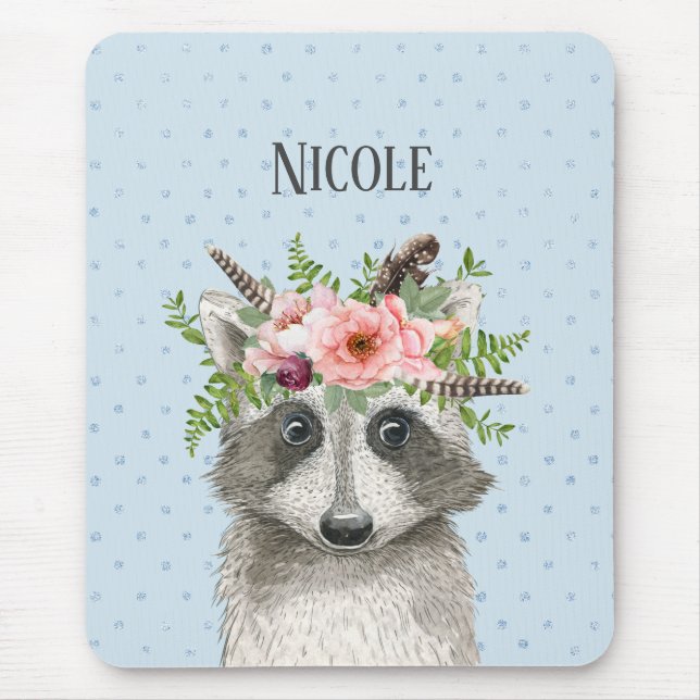 Cute Boho Racoon with Floral Crown and Name Mouse Pad (Front)
