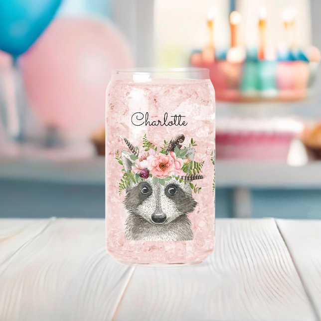 Cute Boho Racoon with Flower and Feathers Crown Can Glass (Insitu (Baby Shower))