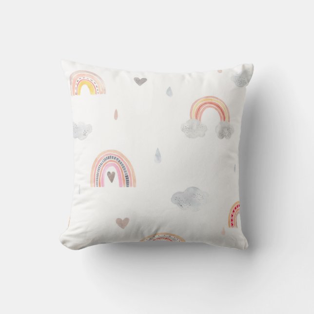 Cute Boho Rainbow and Clouds Cushion (Front)