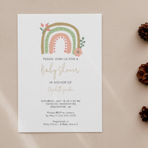 Cute Boho Rainbow Baby Shower Flowers Earth Tones Invitation