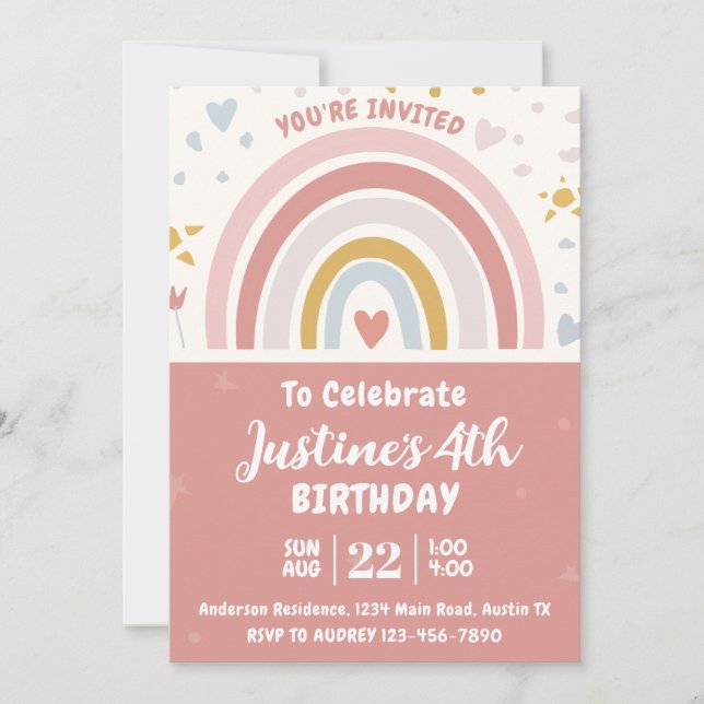 Cute Boho Rainbow Birthday Party Invitation (Front)