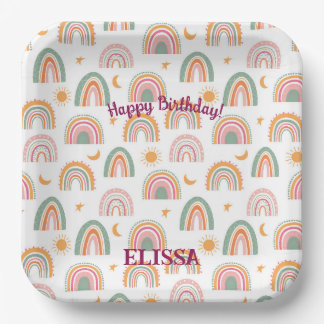 Cute Boho Rainbow Pattern Name Personalised Paper Plate