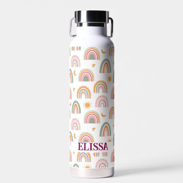 Cute Boho Rainbow Pattern Name Personalised Water Bottle (Front)