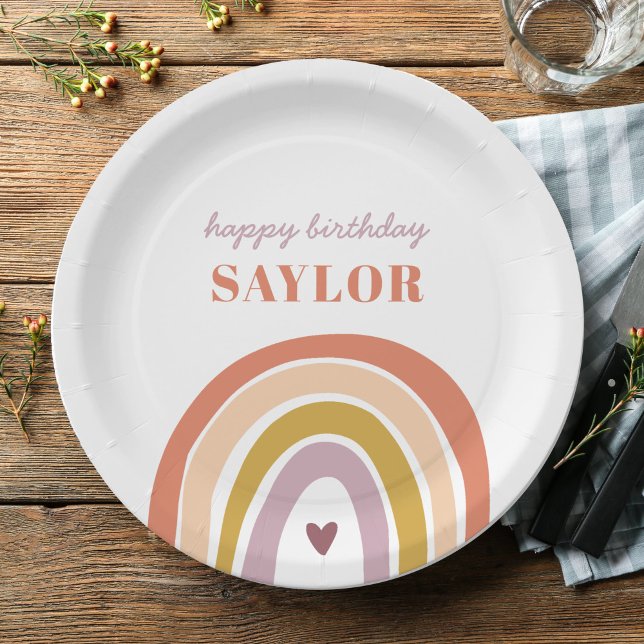 Cute Boho Rainbow Peach Blush Birthday Paper Plate (Creator Uploaded)