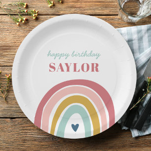 Cute Boho Rainbow Pink Birthday Paper Plate