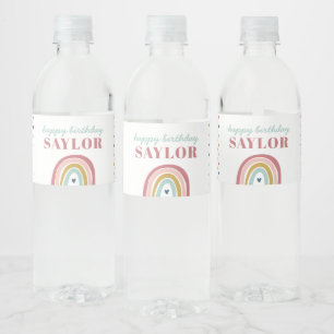 Cute Boho Rainbow Pink Birthday Water Bottle Label