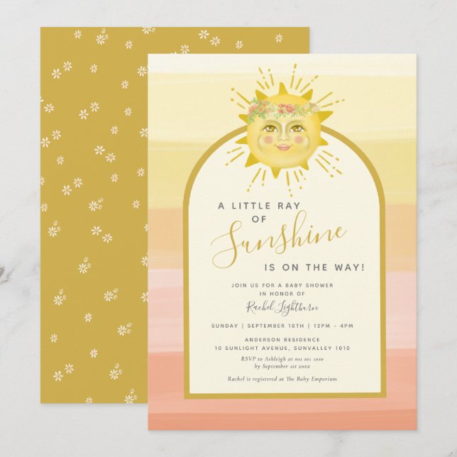 Cute Boho Rainbow Ray of Sunshine Baby Shower Invitation (Front/Back)