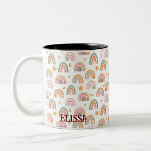 Cute Boho Rainbow Seamless Pattern Custom Name  Two-Tone Coffee Mug