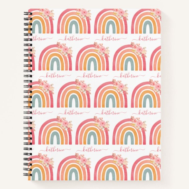 Cute Boho Rainbow with Watercolor Pink Florals Notebook (Front)