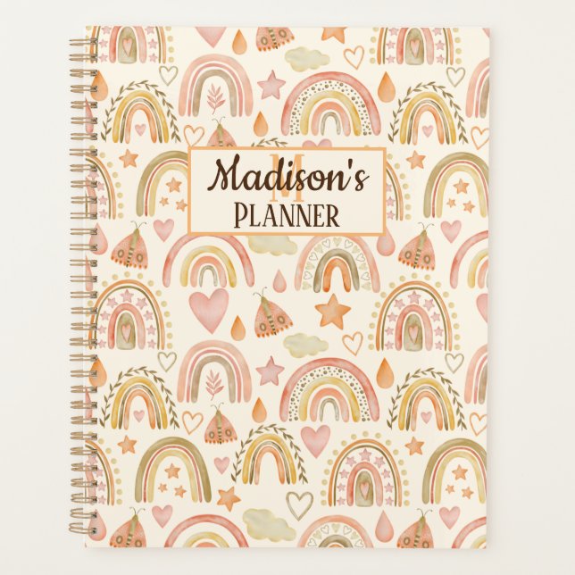 Cute Boho Rainbows Pattern Custom Name Planner (Front)