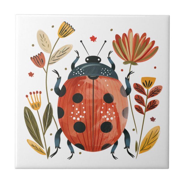 Cute Boho Red Ladybug Scandinavian Folk Art Ceramic Tile (Front)