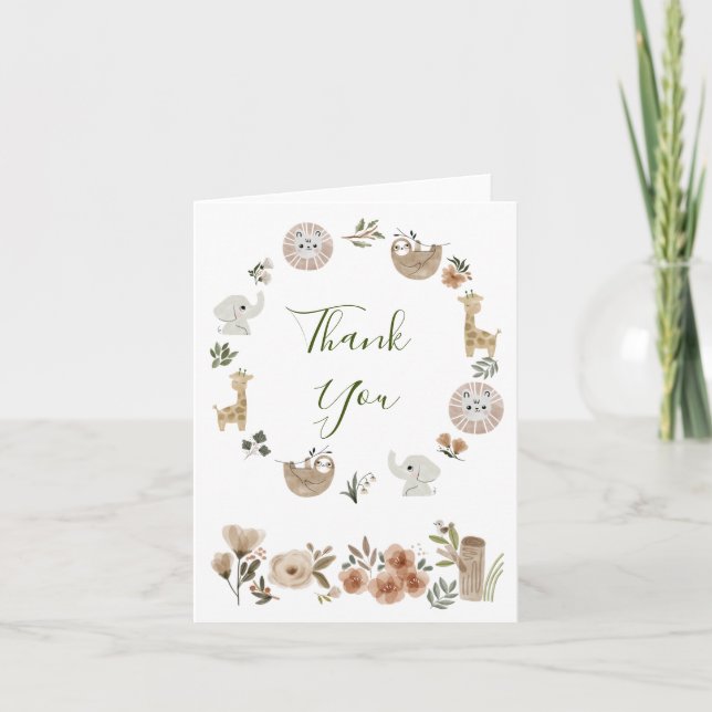 Cute Boho Safari Animals Watercolor Thank You Card (Front)