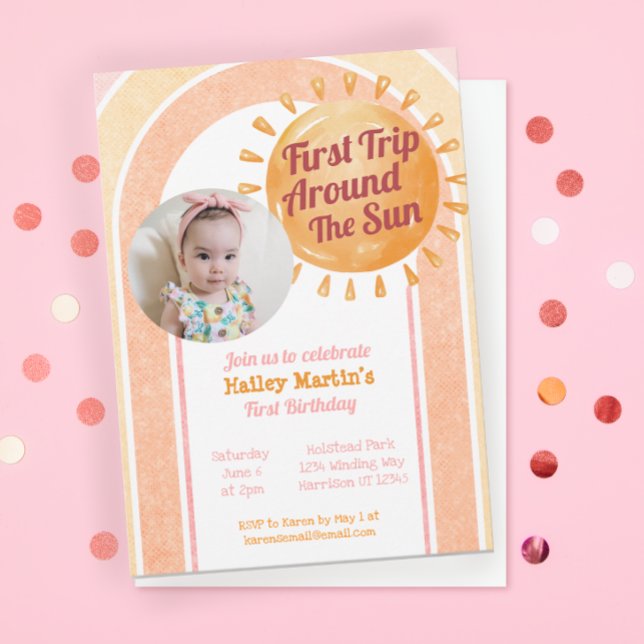 Cute Boho Sun Girls First Birthday Photo  Invitation (Creator Uploaded)